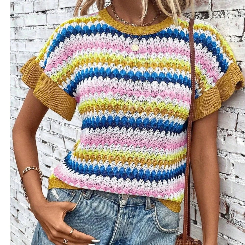09 Boho Color Block Ruffle Short Sleeve Top - Picture 2 of 3